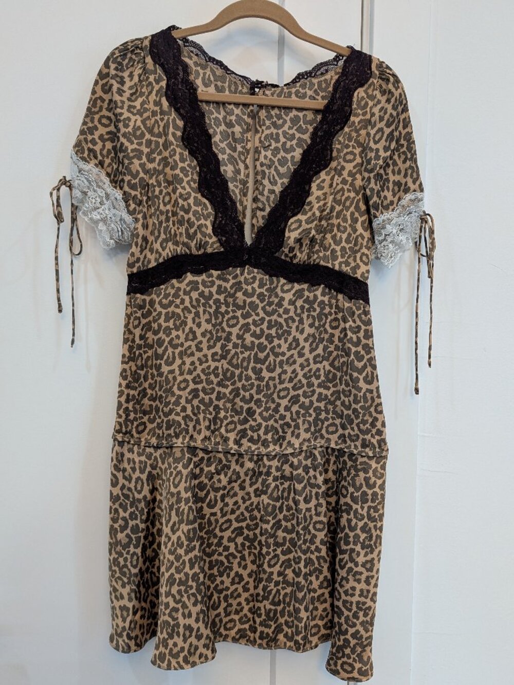 Free People Leopard Print Lace Trim Mini Dress NWT Size L